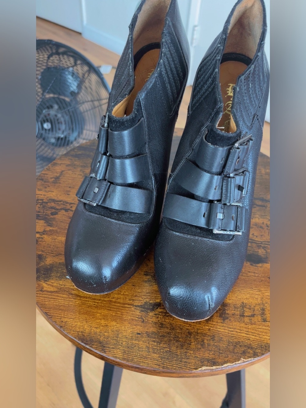 L.A.M.B. Black Leather Buckle Ankle Heeled Boots